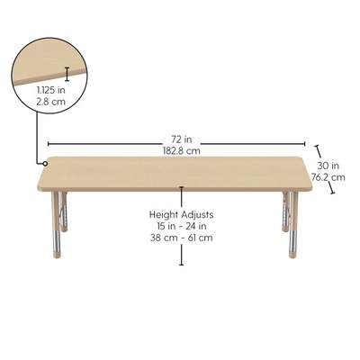 30" x 72" Rectangle T-Mold Adjustable Activity Table with Chunky Leg/Maple Top